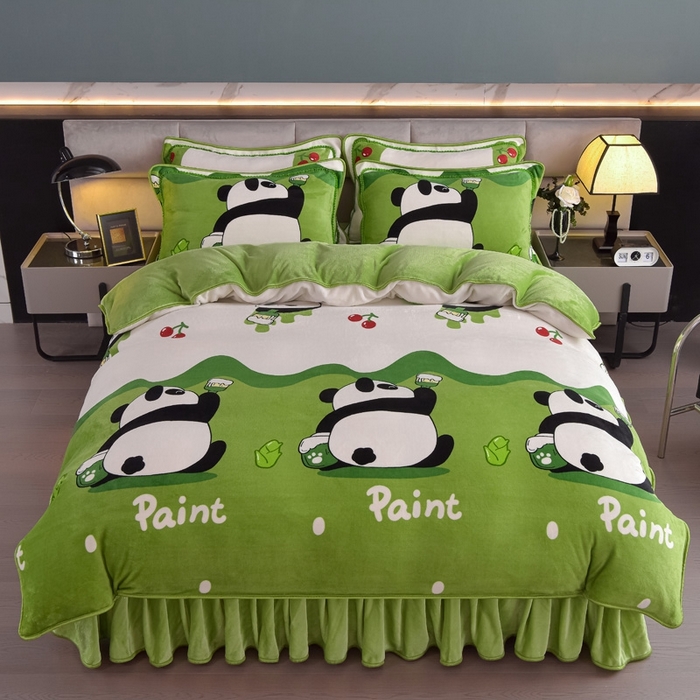 91家纺网 家纺一手货源 找家纺 锦铭源2025直播印花7斤牛奶绒金貂水晶法莱珊瑚绒四件套床裙款快乐熊猫