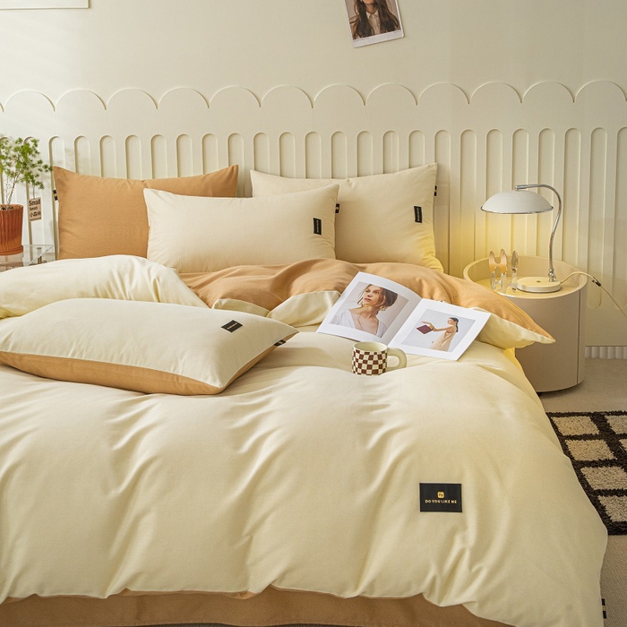 91家纺网 家纺一手货源 找家纺 涵宸家纺 2024新款原棉纯色织标磨毛单品及套件--四件套 奶昔白+咖