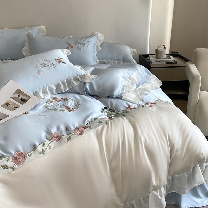 91家纺网 家纺一手货源 找家纺 优悦生活馆 2024新款刺绣款磨毛四件套-假日玫瑰 假日玫瑰-蓝