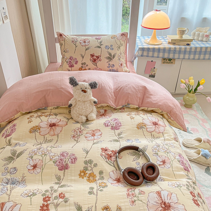 91家纺网 家纺一手货源 找家纺 安哆啦家纺 2024新款A类有氧泡泡纱云纱棉学生季宿舍床三四件套 秘境花园