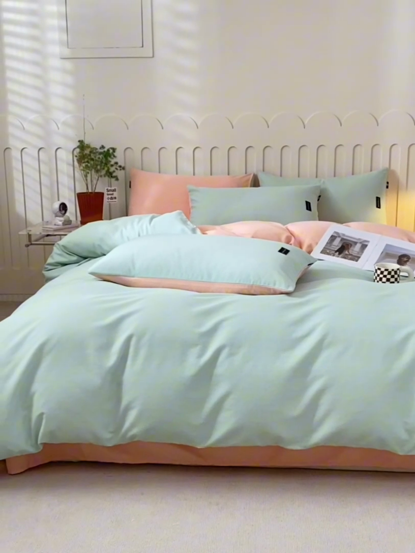 91家纺网 家纺一手货源 找家纺 涵宸家纺 2024新款原棉纯色织标磨毛单品及套件--四件套 浅绿+粉