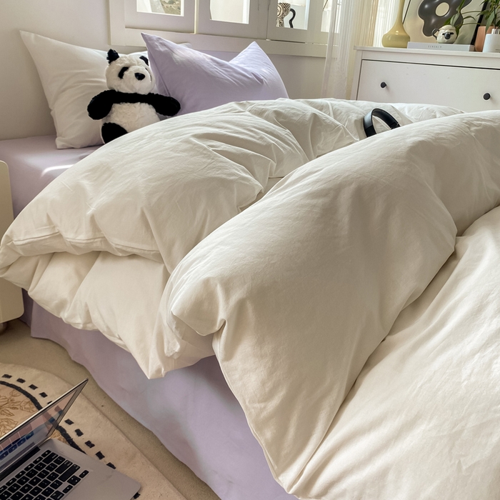 91家纺网 家纺一手货源 找家纺 繁花 2024新款纯色水洗棉素色四件套 可可白+紫