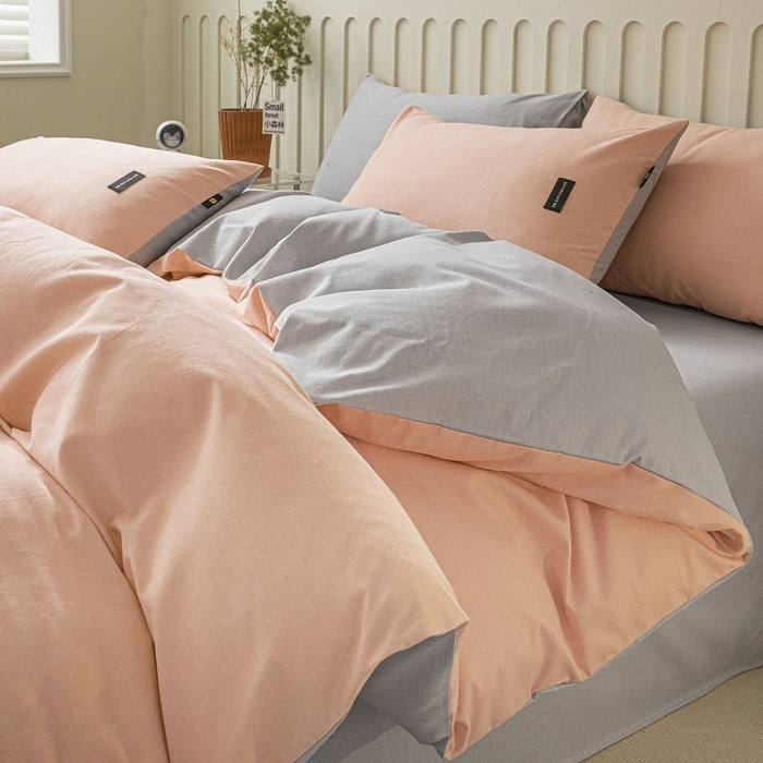 91家纺网 家纺一手货源 找家纺 涵宸家纺 2024新款原棉纯色织标磨毛单品及套件--四件套 粉+浅灰