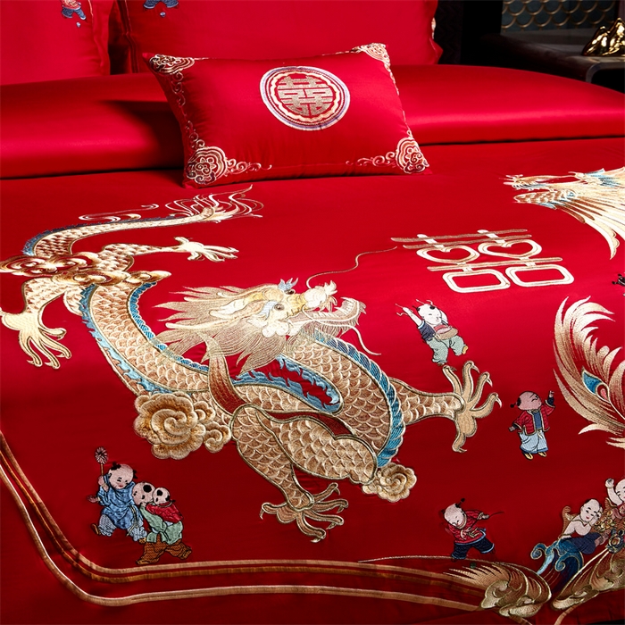 91家纺网 家纺一手货源 找家纺 宏羽纺家纺 2024新款13372纯棉婚庆套件系列 龙凤呈禧