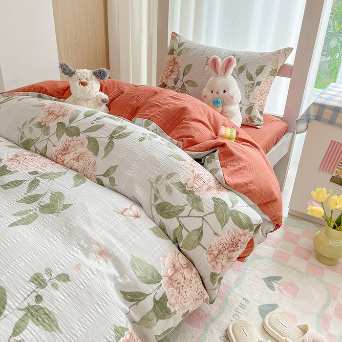 91家纺网 家纺一手货源 找家纺 安哆啦家纺 2024新款A类有氧泡泡纱云纱棉学生季宿舍床三四件套 花烂漫