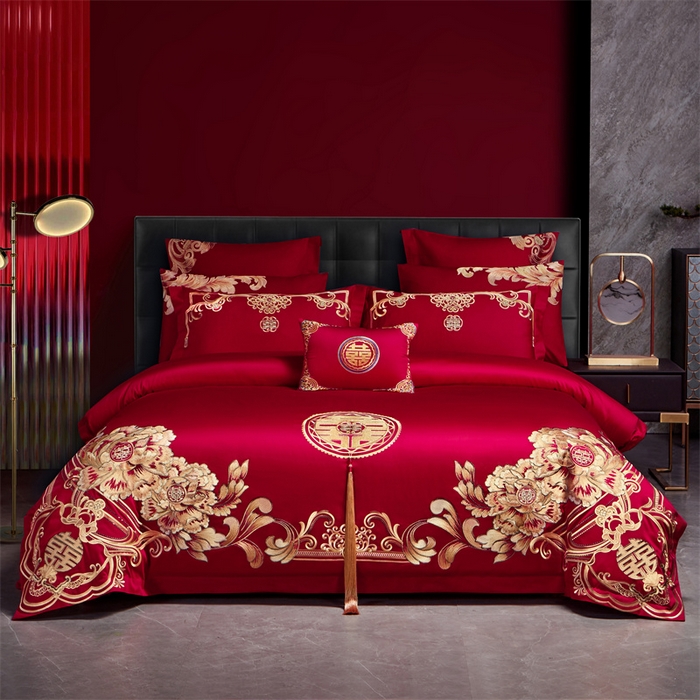 91家纺网 家纺一手货源 找家纺 宏羽纺家纺 2024新款13372纯棉婚庆套件系列 皇家喜事-金