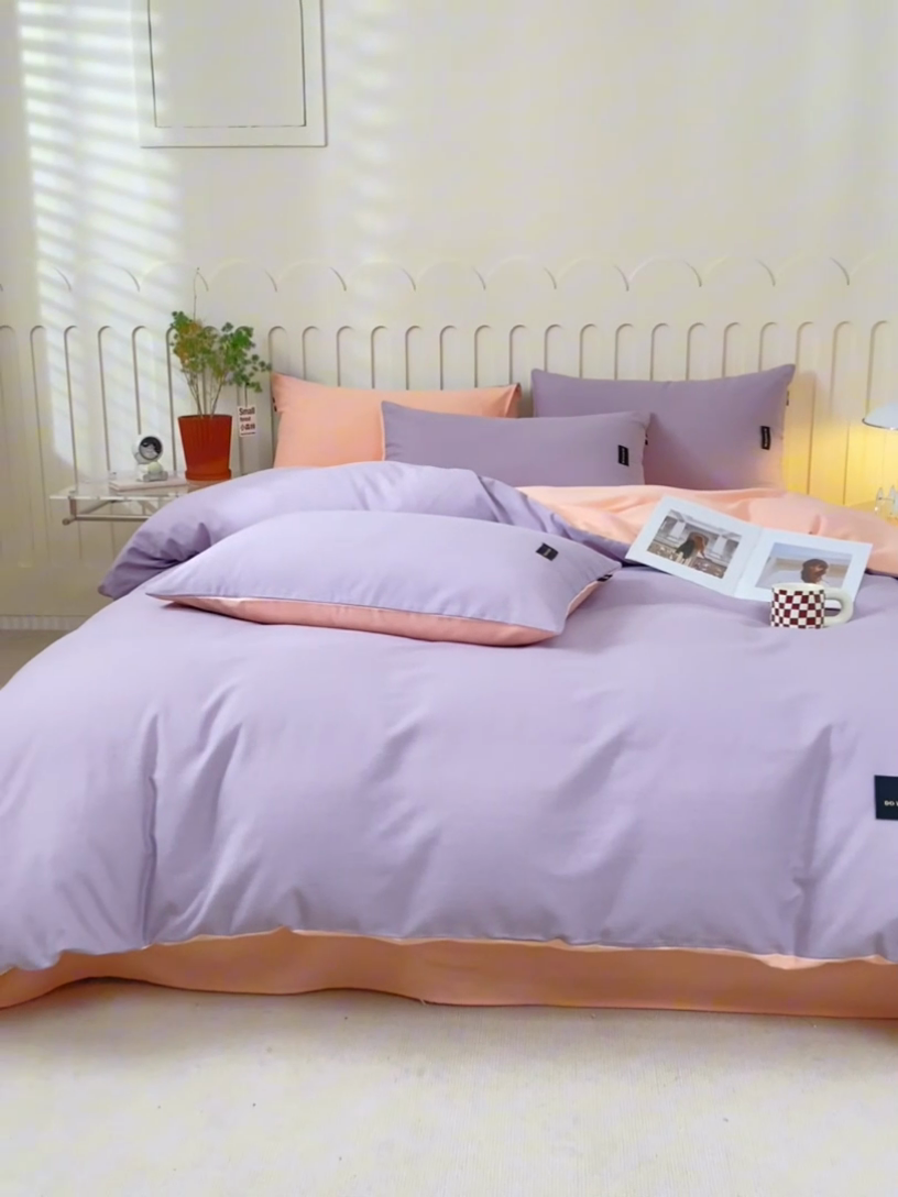 91家纺网 家纺一手货源 找家纺 涵宸家纺 2024新款原棉纯色织标磨毛单品及套件--四件套 烟紫+粉