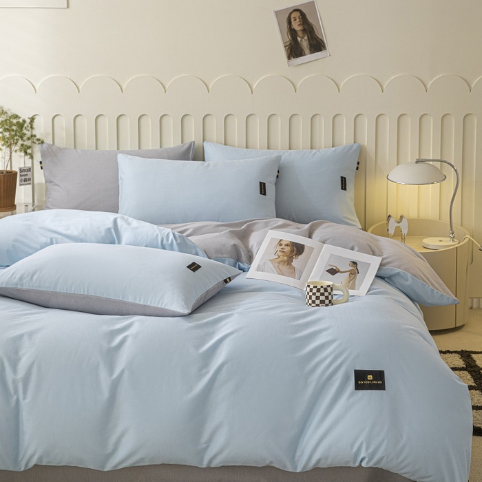 91家纺网 家纺一手货源 找家纺 涵宸家纺 2024新款原棉纯色织标磨毛单品及套件--四件套 兰+浅灰