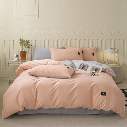 涵宸家纺 2024新款原棉纯色织标磨毛单品及套件--四件套 粉+浅灰