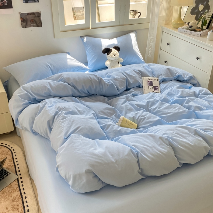 91家纺网 家纺一手货源 找家纺 繁花 2024新款纯色水洗棉素色四件套 海盐蓝