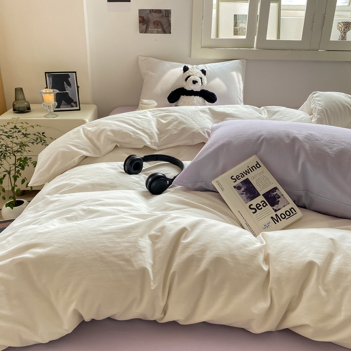 91家纺网 家纺一手货源 找家纺 繁花 2024新款纯色水洗棉素色四件套 可可白+紫