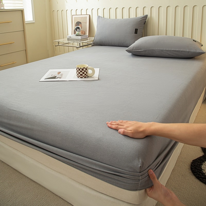 91家纺网 家纺一手货源 找家纺 涵宸家纺 2024新款原棉纯色织标磨毛单品及套件--床笠 单床笠-中灰