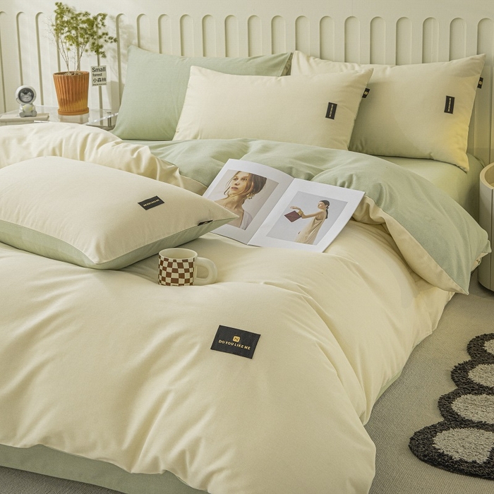 91家纺网 家纺一手货源 找家纺 涵宸家纺 2024新款原棉纯色织标磨毛单品及套件--被套 奶昔白+豆绿