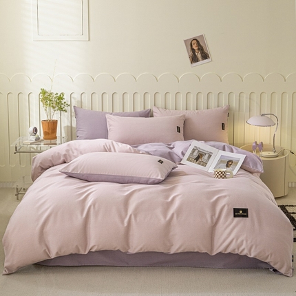 涵宸家纺 2024新款原棉纯色织标磨毛单品及套件--四件套 浅紫+烟紫
