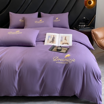 91家纺网 家纺一手货源 找家纺 伊梵居 2025新款梦羽系列刺绣水洗棉磨毛四件套 梦羽-极简紫