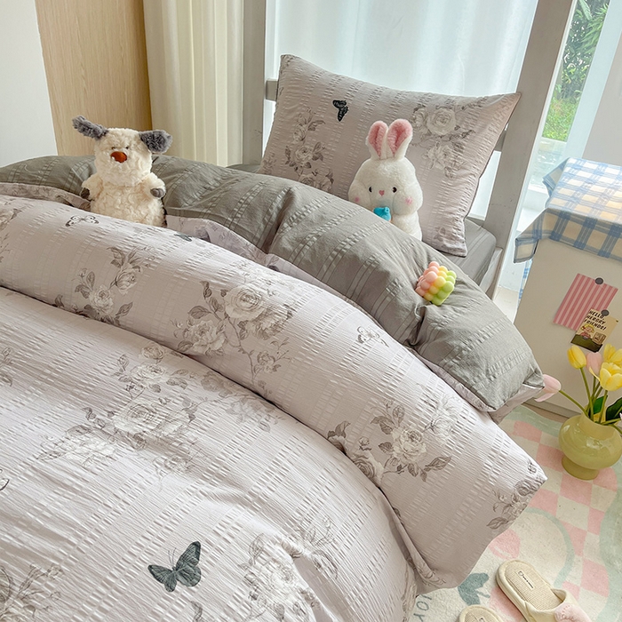 91家纺网 家纺一手货源 找家纺 安哆啦家纺 2024新款A类有氧泡泡纱云纱棉学生季宿舍床三四件套 蝶恋花