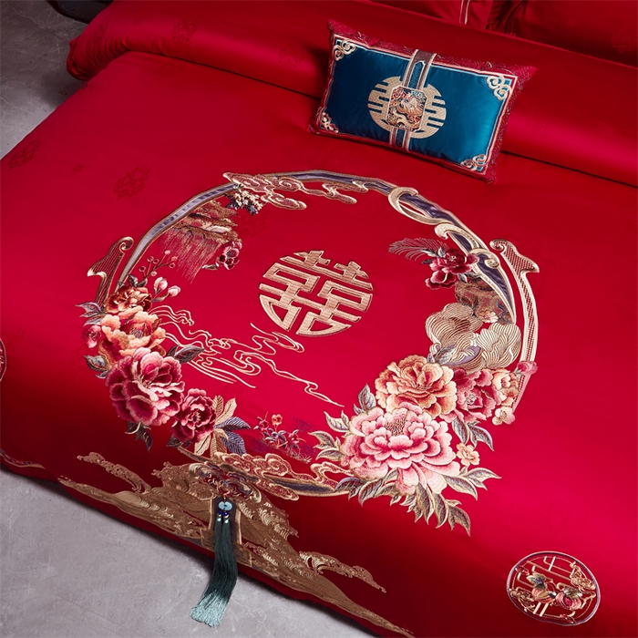 91家纺网 家纺一手货源 找家纺 宏羽纺家纺 2024新款高支高密纯棉提花婚庆套件系列（控价680） 天赐良缘-红