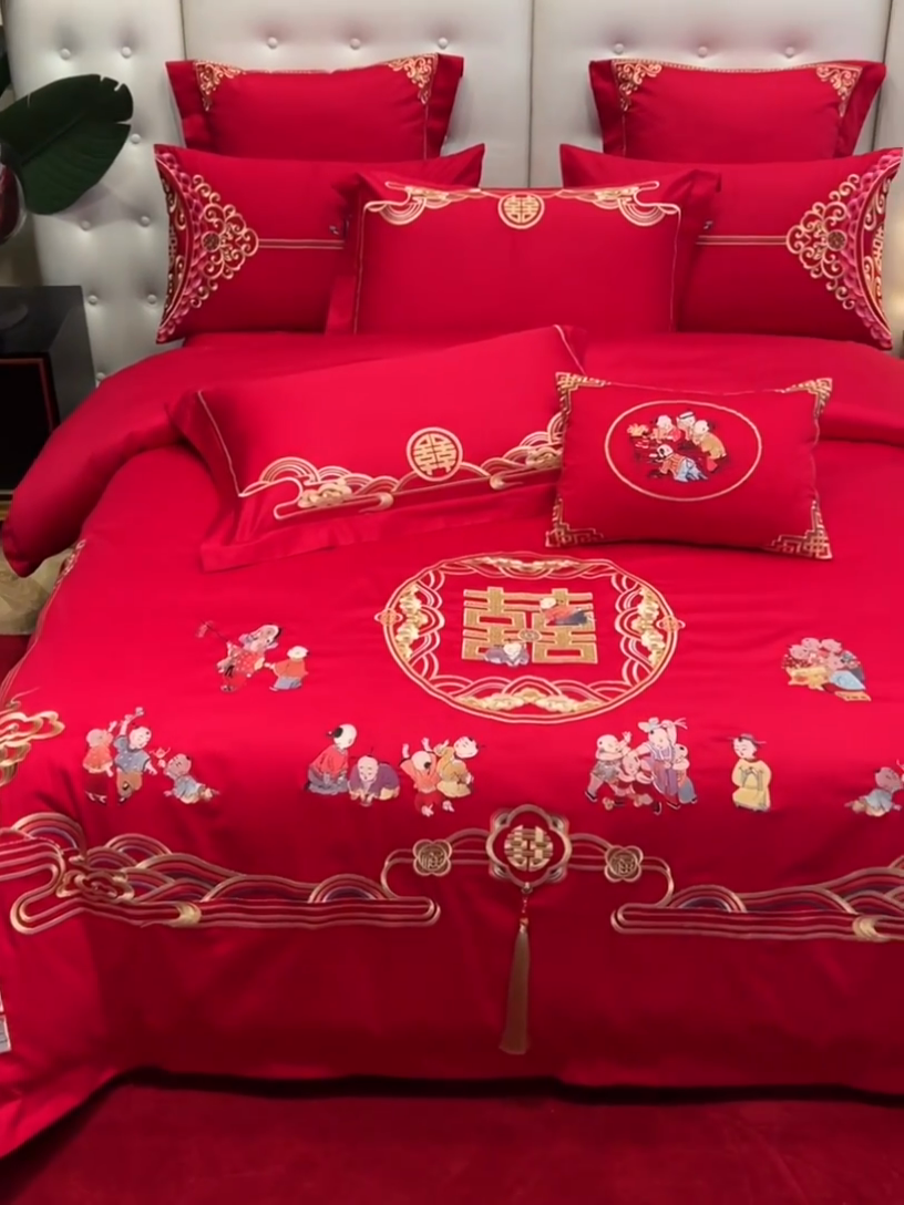 91家纺网 家纺一手货源 找家纺 宏羽纺家纺 2024新款13372纯棉小红书跑量款婚庆套件系列 相亲相爱