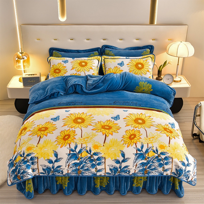 91家纺网 家纺一手货源 找家纺 馨梦缘 2025新款小包边款牛奶绒8.5斤高克重牛奶绒金雕绒床裙款四件套 向阳花开