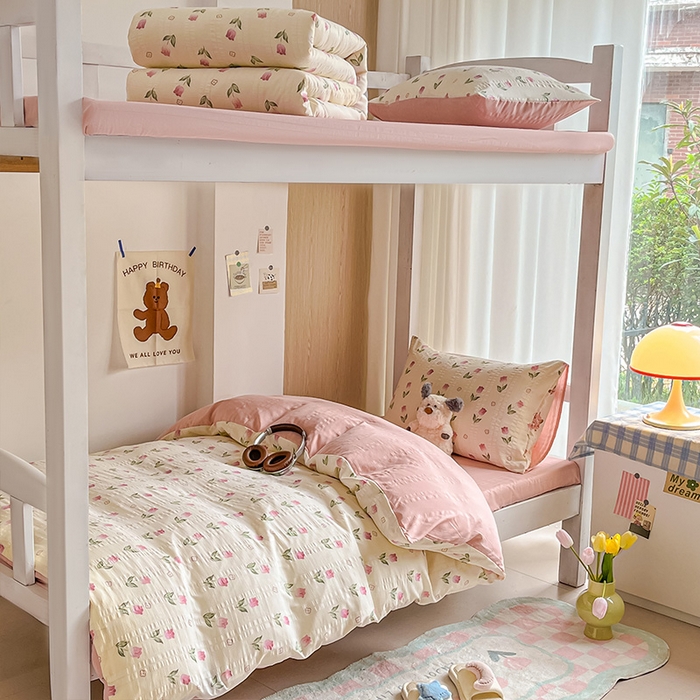 91家纺网 家纺一手货源 找家纺 安哆啦家纺 2024新款A类有氧泡泡纱云纱棉学生季宿舍床三四件套 花香