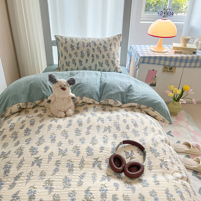 91家纺网 家纺一手货源 找家纺 安哆啦家纺 2024新款A类有氧泡泡纱云纱棉学生季宿舍床三四件套 蓝梦里