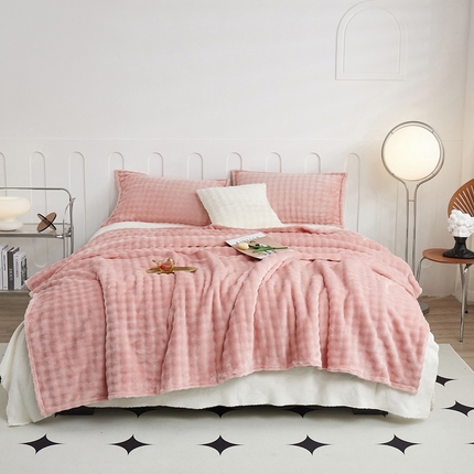 悦织湾家纺 2025新款布兰卡系列仿兔毛小泡泡兔纯色牛奶绒毛毯 布兰卡-樱花粉