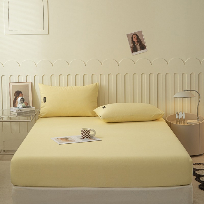 91家纺网 家纺一手货源 找家纺 涵宸家纺 2024新款原棉纯色织标磨毛单品及套件--床笠 单床笠-奶黄