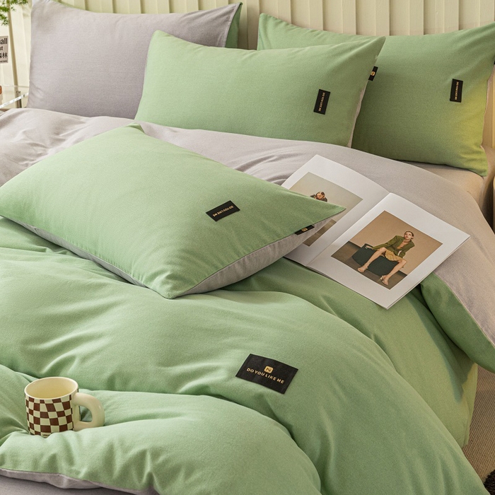 91家纺网 家纺一手货源 找家纺 涵宸家纺 2024新款原棉纯色织标磨毛单品及套件--被套 豆绿+浅灰