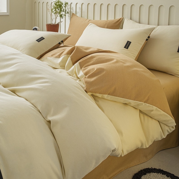 91家纺网 家纺一手货源 找家纺 涵宸家纺 2024新款原棉纯色织标磨毛单品及套件--四件套 奶昔白+咖