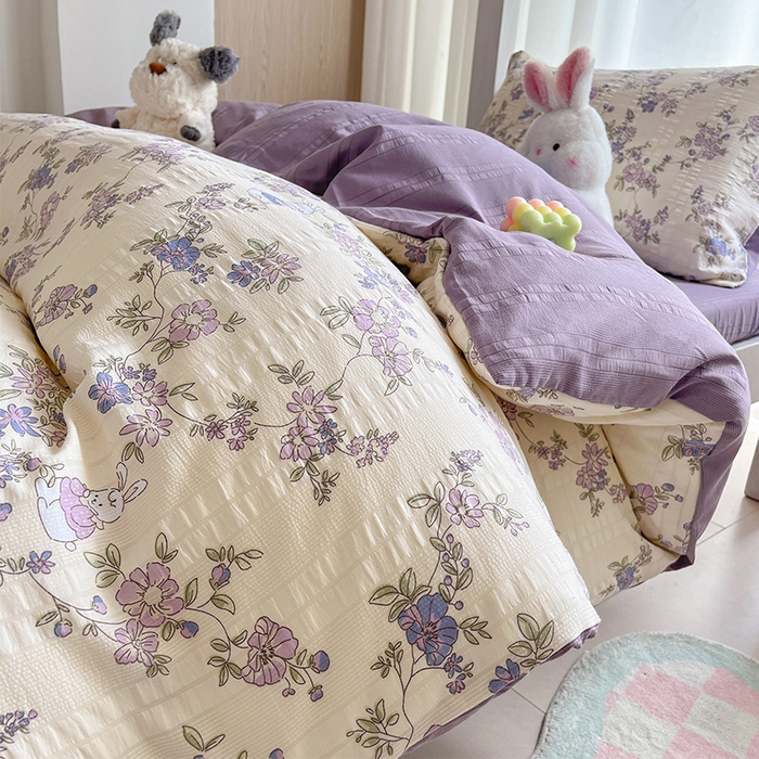 91家纺网 家纺一手货源 找家纺 安哆啦家纺 2024新款A类有氧泡泡纱云纱棉学生季宿舍床三四件套 花园兔