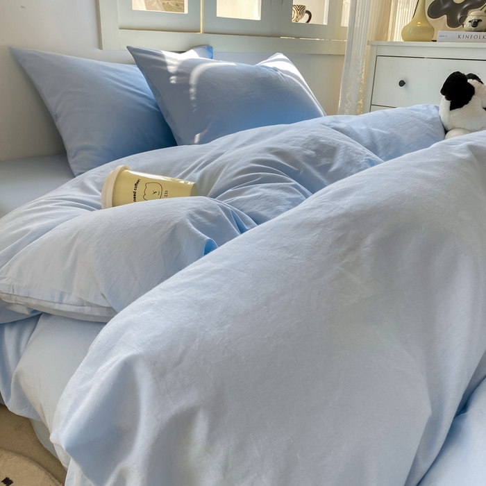 91家纺网 家纺一手货源 找家纺 繁花 2024新款纯色水洗棉素色四件套 海盐蓝