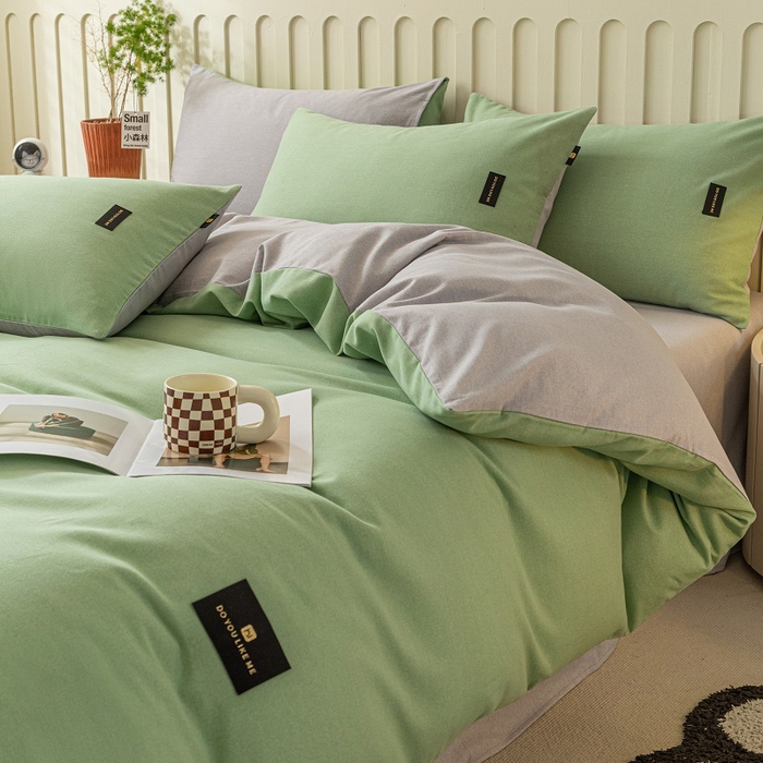 91家纺网 家纺一手货源 找家纺 涵宸家纺 2024新款原棉纯色织标磨毛单品及套件--四件套 豆绿+浅灰