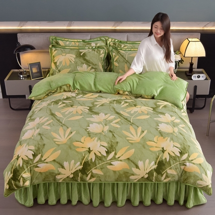 锦铭源2025年7斤加厚印花牛奶绒四件套水晶法莱金貂绒床裙款 清雅