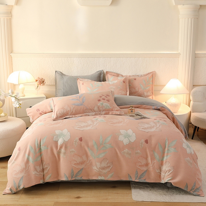 91家纺网 家纺一手货源 找家纺 帛美家纺 2024新款加厚纯棉全棉磨毛印花四件套 兰亭序粉