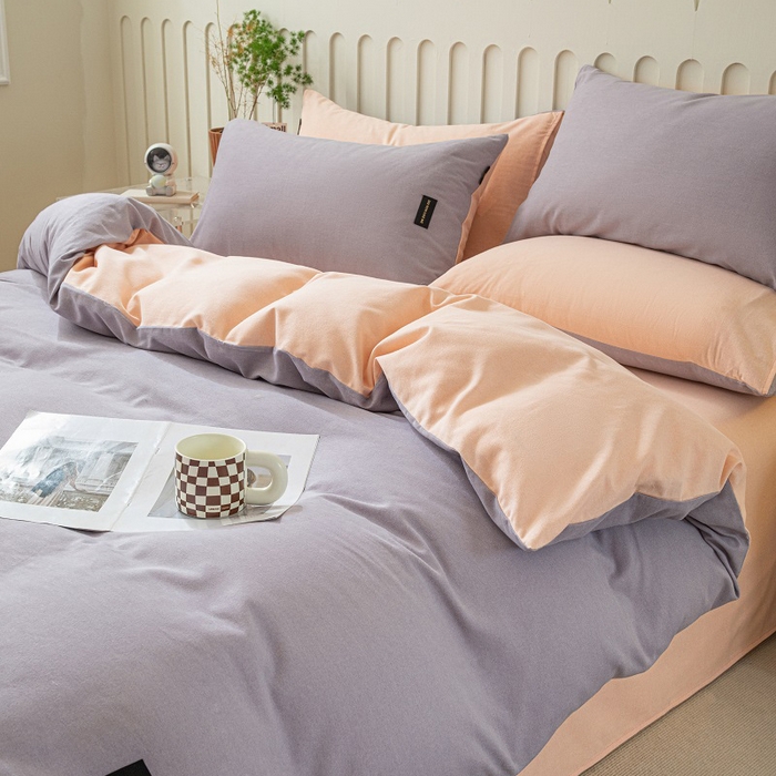 91家纺网 家纺一手货源 找家纺 涵宸家纺 2024新款原棉纯色织标磨毛单品及套件--四件套 烟紫+粉