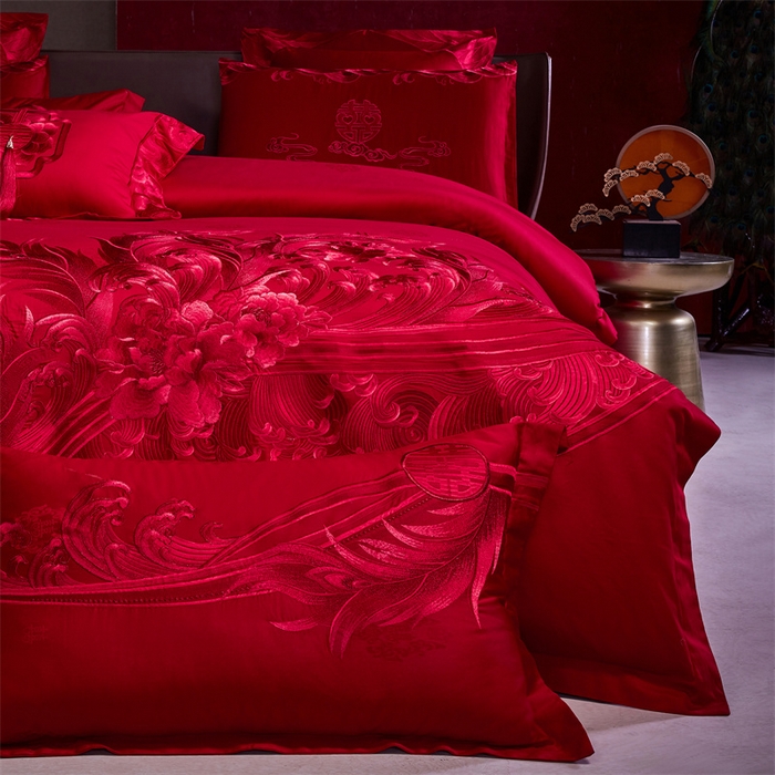 91家纺网 家纺一手货源 找家纺 宏羽纺家纺 2024新款高支高密纯棉提花婚庆套件系列（控价680） 凤凰来仪-红