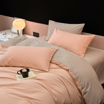 柠馨 2024新款全棉磨毛纯色四件套-赫尔墨斯系列 2蜜桃粉+雅灰