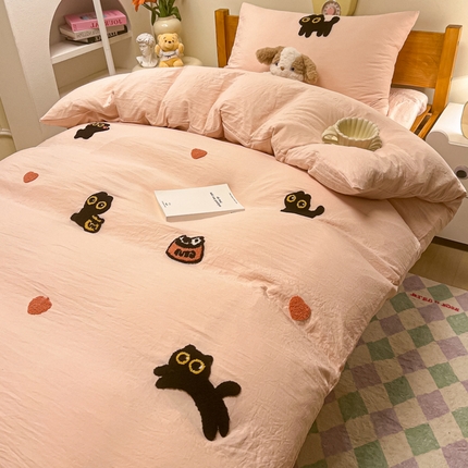 91家纺网 家纺一手货源 找家纺 （总）韩巢家纺 2024新款学生宿舍寝室上下铺超柔水洗棉毛巾绣单件被套-幸运猫