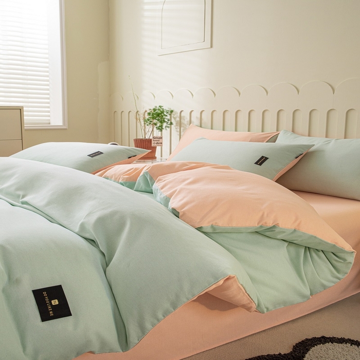 91家纺网 家纺一手货源 找家纺 涵宸家纺 2024新款原棉纯色织标磨毛单品及套件--四件套 浅绿+粉