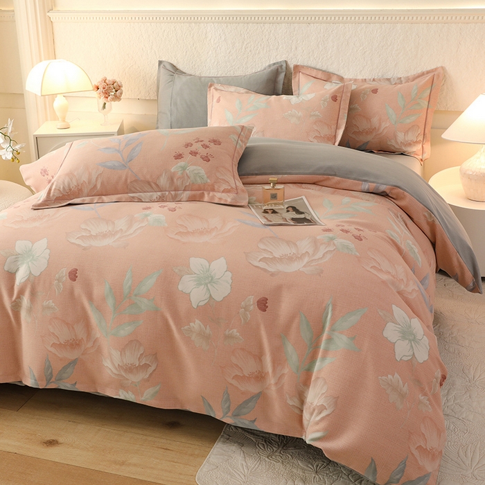 91家纺网 家纺一手货源 找家纺 帛美家纺 2024新款加厚纯棉全棉磨毛印花四件套 兰亭序粉