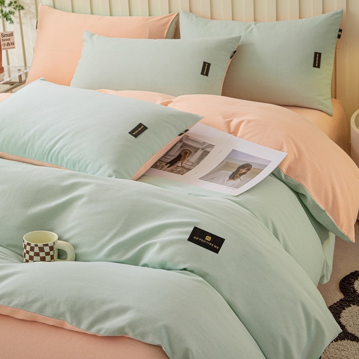 91家纺网 家纺一手货源 找家纺 涵宸家纺 2024新款原棉纯色织标磨毛单品及套件--被套 浅绿+粉