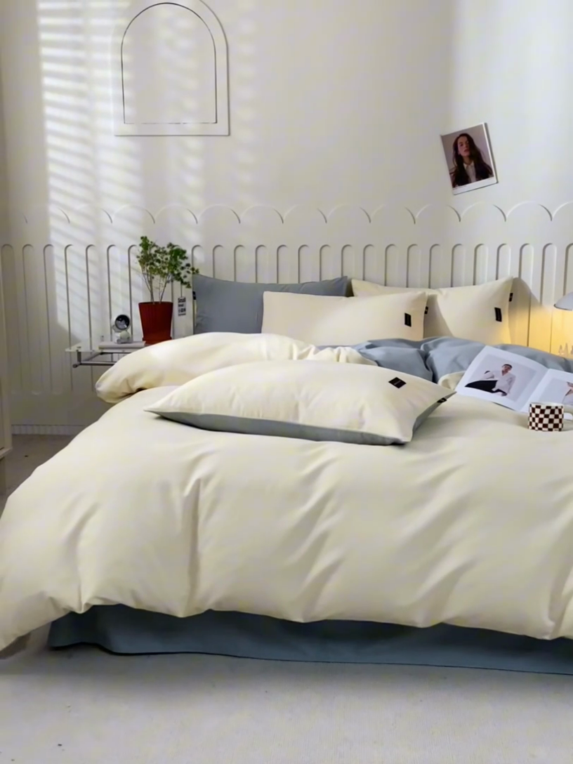 91家纺网 家纺一手货源 找家纺 涵宸家纺 2024新款原棉纯色织标磨毛单品及套件--四件套 奶昔白+豆绿