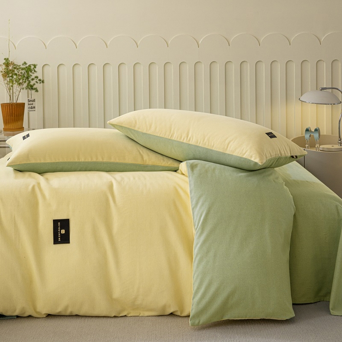 91家纺网 家纺一手货源 找家纺 涵宸家纺 2024新款原棉纯色织标磨毛单品及套件--被套 奶黄+豆绿