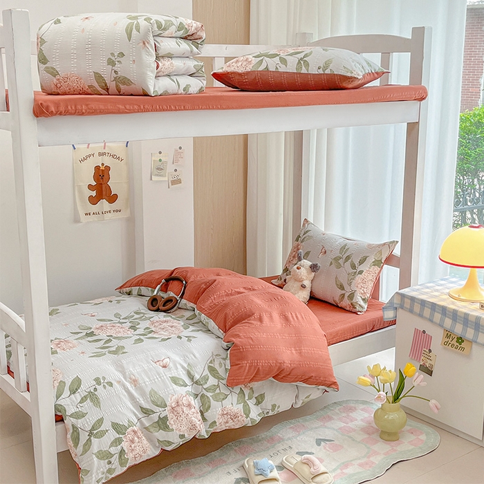 91家纺网 家纺一手货源 找家纺 安哆啦家纺 2024新款A类有氧泡泡纱云纱棉学生季宿舍床三四件套 花烂漫