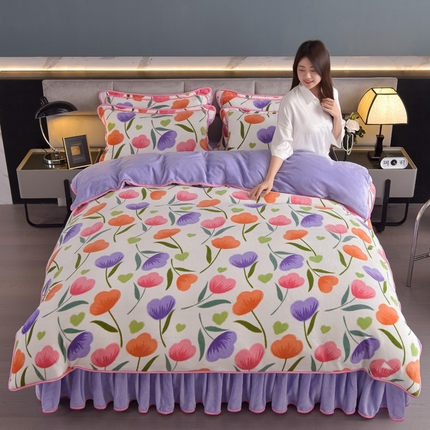 91家纺网 家纺一手货源 找家纺 锦铭源2025年7斤加厚印花牛奶绒四件套水晶法莱金貂绒床裙款花恋