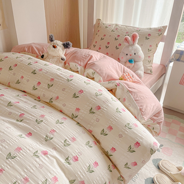 91家纺网 家纺一手货源 找家纺 安哆啦家纺 2024新款A类有氧泡泡纱云纱棉学生季宿舍床三四件套 花香