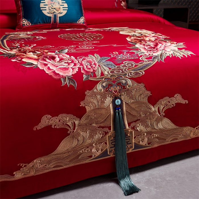 91家纺网 家纺一手货源 找家纺 宏羽纺家纺 2024新款高支高密纯棉提花婚庆套件系列（控价680） 天赐良缘-红