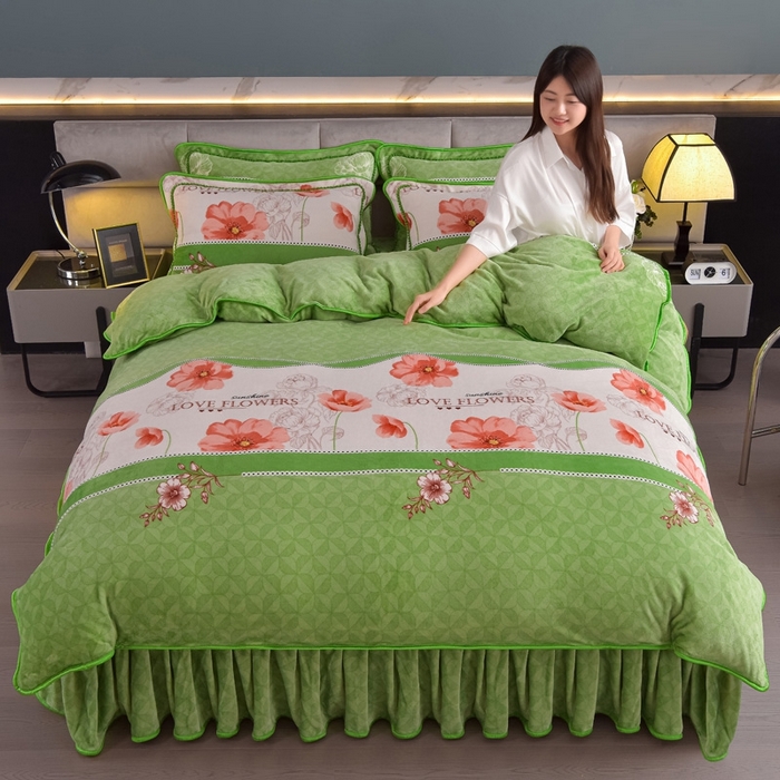 91家纺网 家纺一手货源 找家纺 锦铭源 2025年7斤加厚印花牛奶绒四件套水晶法莱金貂绒床裙款 花香蜜语