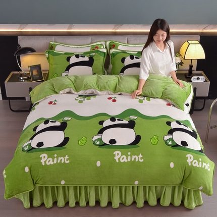 91家纺网 家纺一手货源 找家纺 锦铭源2025直播印花7斤牛奶绒金貂水晶法莱珊瑚绒四件套床裙款快乐熊猫