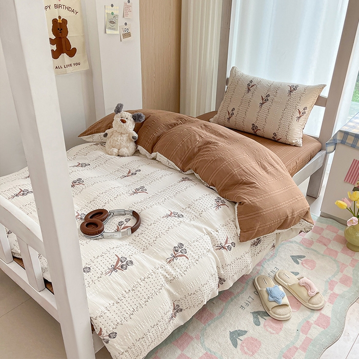 91家纺网 家纺一手货源 找家纺 安哆啦家纺 2024新款A类有氧泡泡纱云纱棉学生季宿舍床三四件套 复古小花